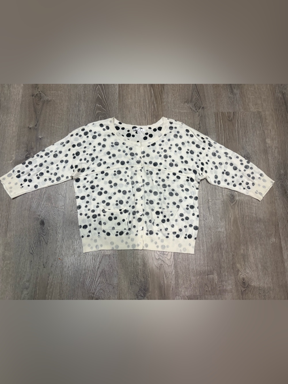 CAbi Cream 3/4th sleeve Cardigan with Black Polka Dots. Women’s XL